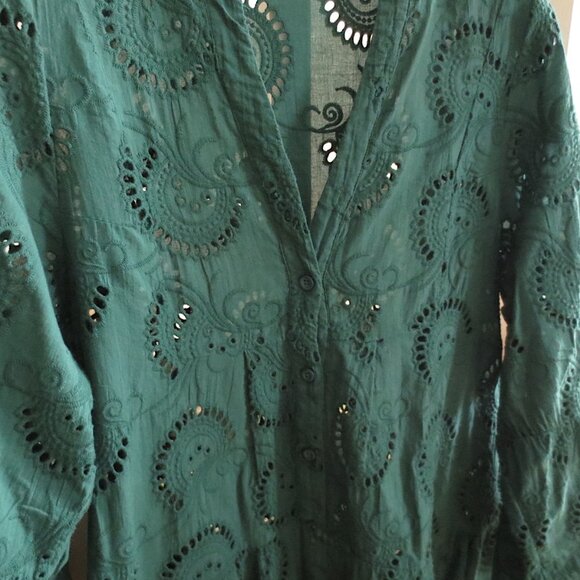 Green Cotton Tiered Eyelet Summer Mini Midi Dress with Long Flared Sleeves - Picture 4 of 5
